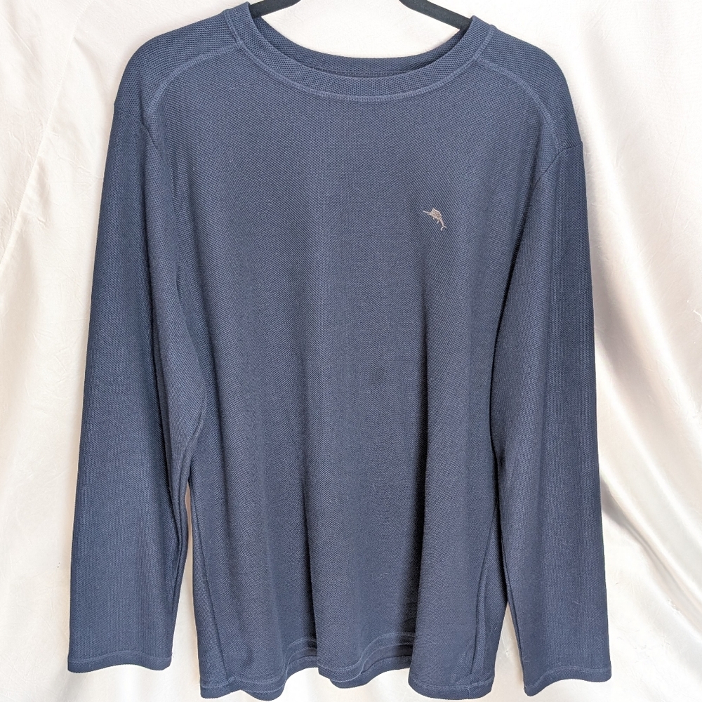 Tommy Bahama Navy Blue Waffle Knit Rayon Poly Long Sleeve Sleeper Shirt PJ Lg